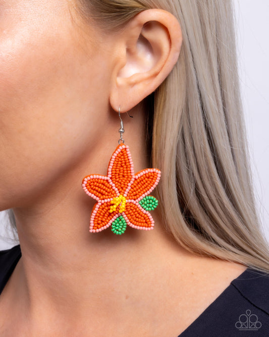 Seed Bead Symmetry - Orange Seed Bead Flower Fishhook Earrings - Paparazzi Accessories