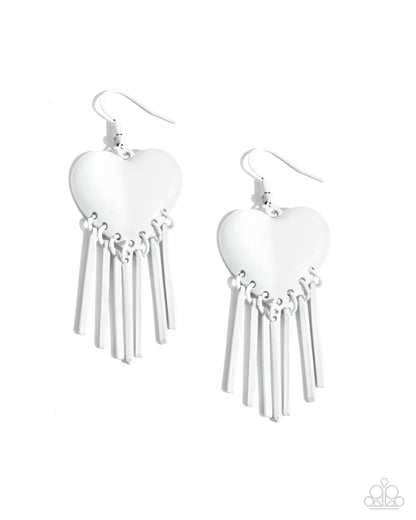 Flirty Fringe - White Dipped Heart Earrings - Paparazzi Accessories