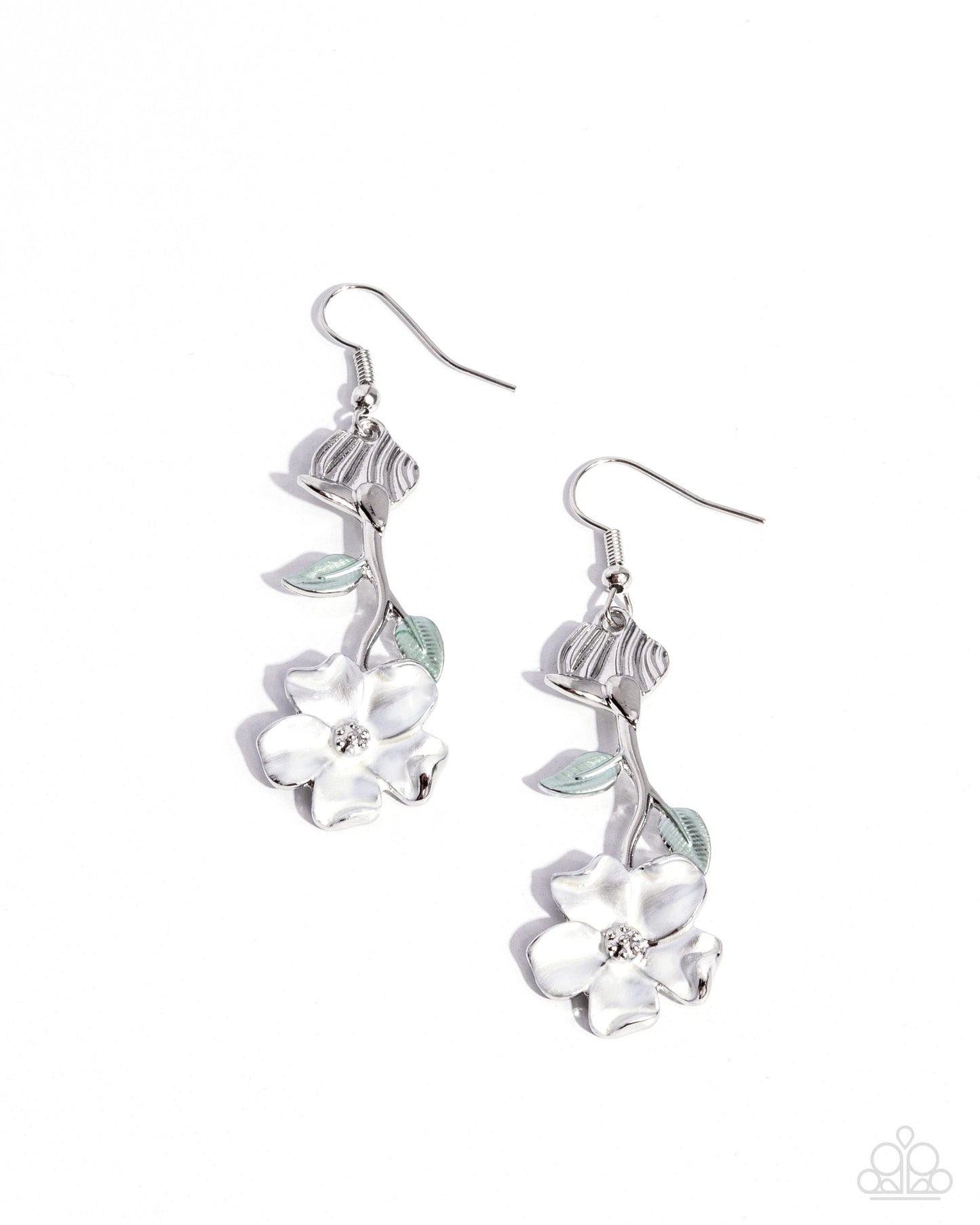 Flourishing Activity - White Pearlized Paint Flower Silver Fishhook Earrings - Paparazzi Accessories