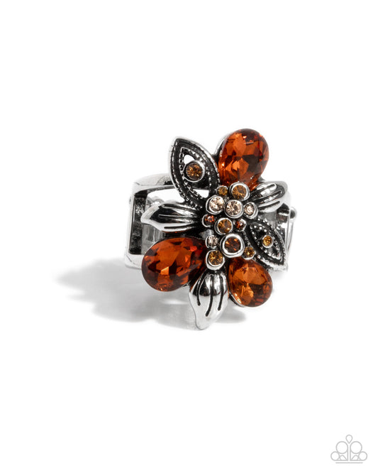 Carefree Corsage - Brown Rhinestone Silver Ring - Paparazzi Accessories