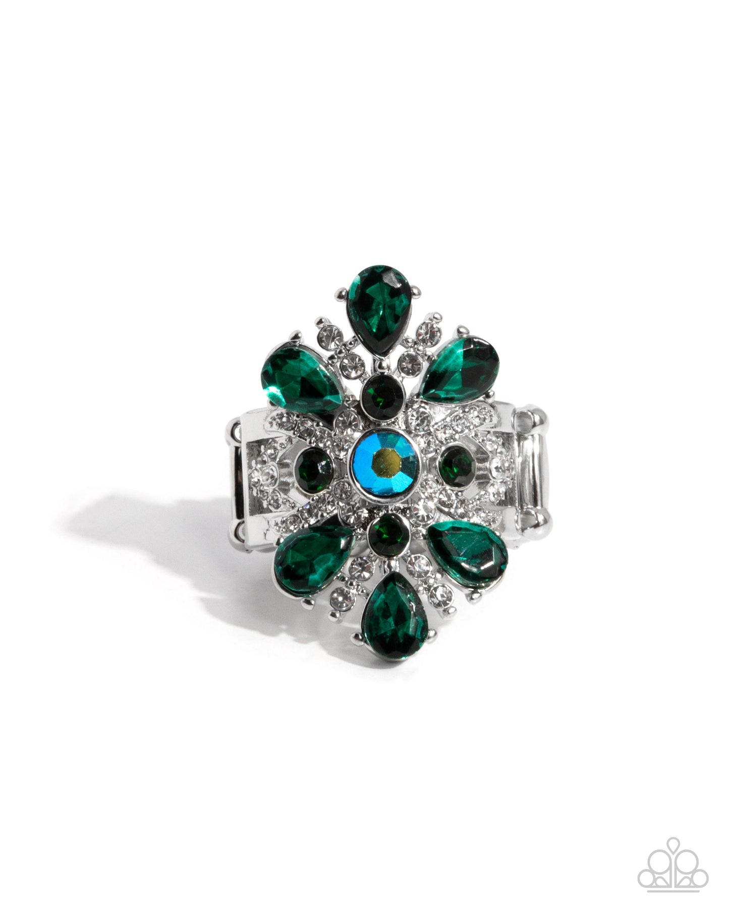Pronged Panorama - Green Iridescent & White Rhinestone Silver Ring - Paparazzi Accessories