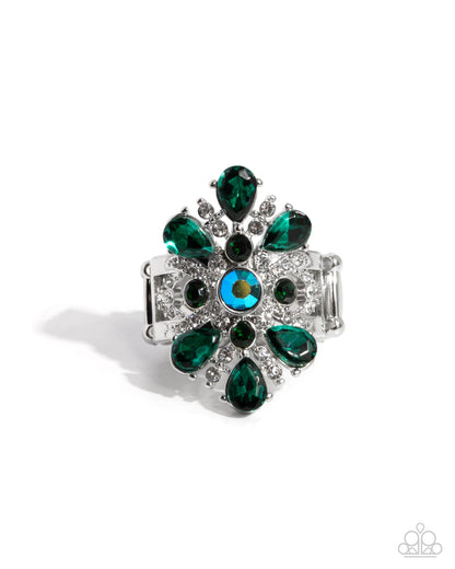 Pronged Panorama - Green Iridescent & White Rhinestone Silver Ring - Paparazzi Accessories
