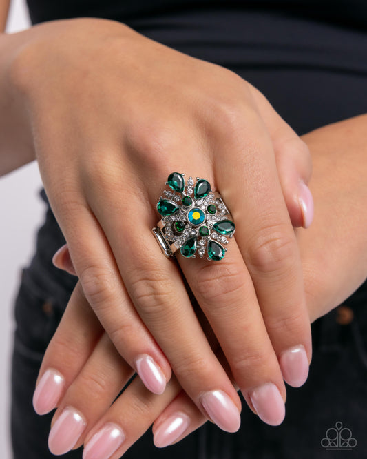 Pronged Panorama - Green Iridescent & White Rhinestone Silver Ring - Paparazzi Accessories