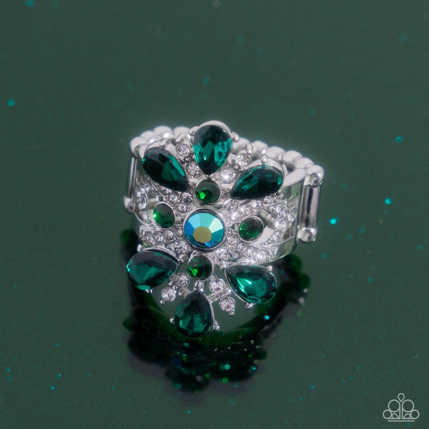 Pronged Panorama - Green Iridescent & White Rhinestone Silver Ring - Paparazzi Accessories