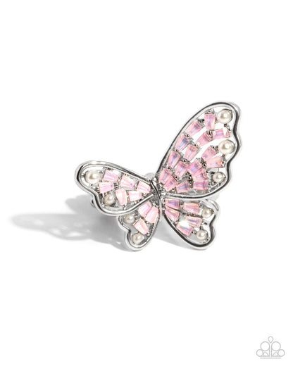 Hovering Haute - Pink Rhinestone Silver Butterfly Ring - Paparazzi Accessories