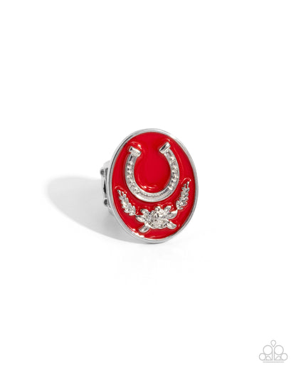 Santa Fe Stallion - Red Enamel Silver Horseshoe Ring - Paparazzi Accessories