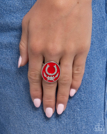 Santa Fe Stallion - Red Enamel Silver Horseshoe Ring - Paparazzi Accessories