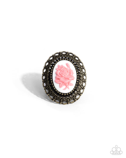 Blooming Brooch - Brass Filigree Pink Acrylic Rose Ring - Paparazzi Accessories