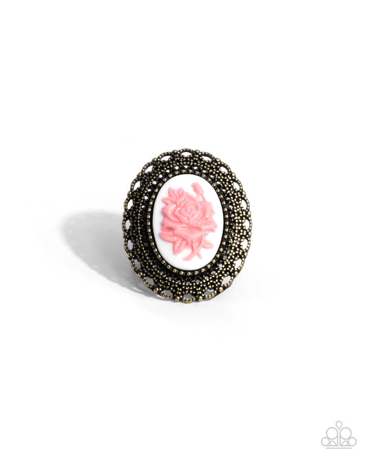 Blooming Brooch - Brass Filigree Pink Acrylic Rose Ring - Paparazzi Accessories