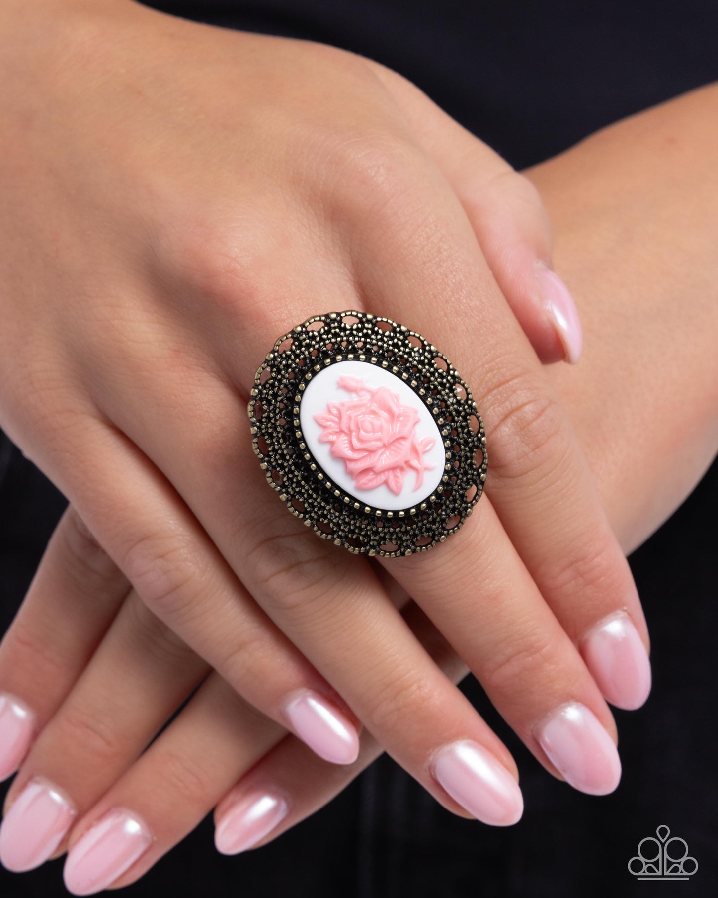 Blooming Brooch - Brass Filigree Pink Acrylic Rose Ring - Paparazzi Accessories