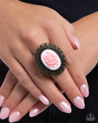 Blooming Brooch - Brass Filigree Pink Acrylic Rose Ring - Paparazzi Accessories