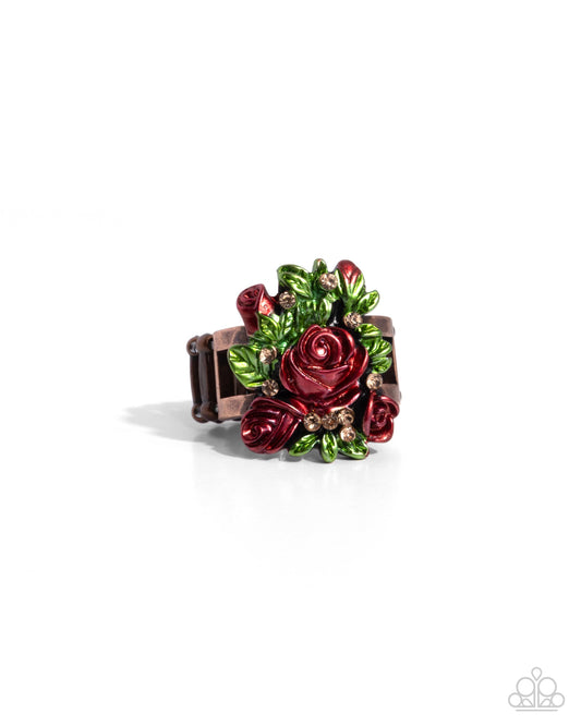 Rosy Route - Copper Rosette Ring - Paparazzi Accessories