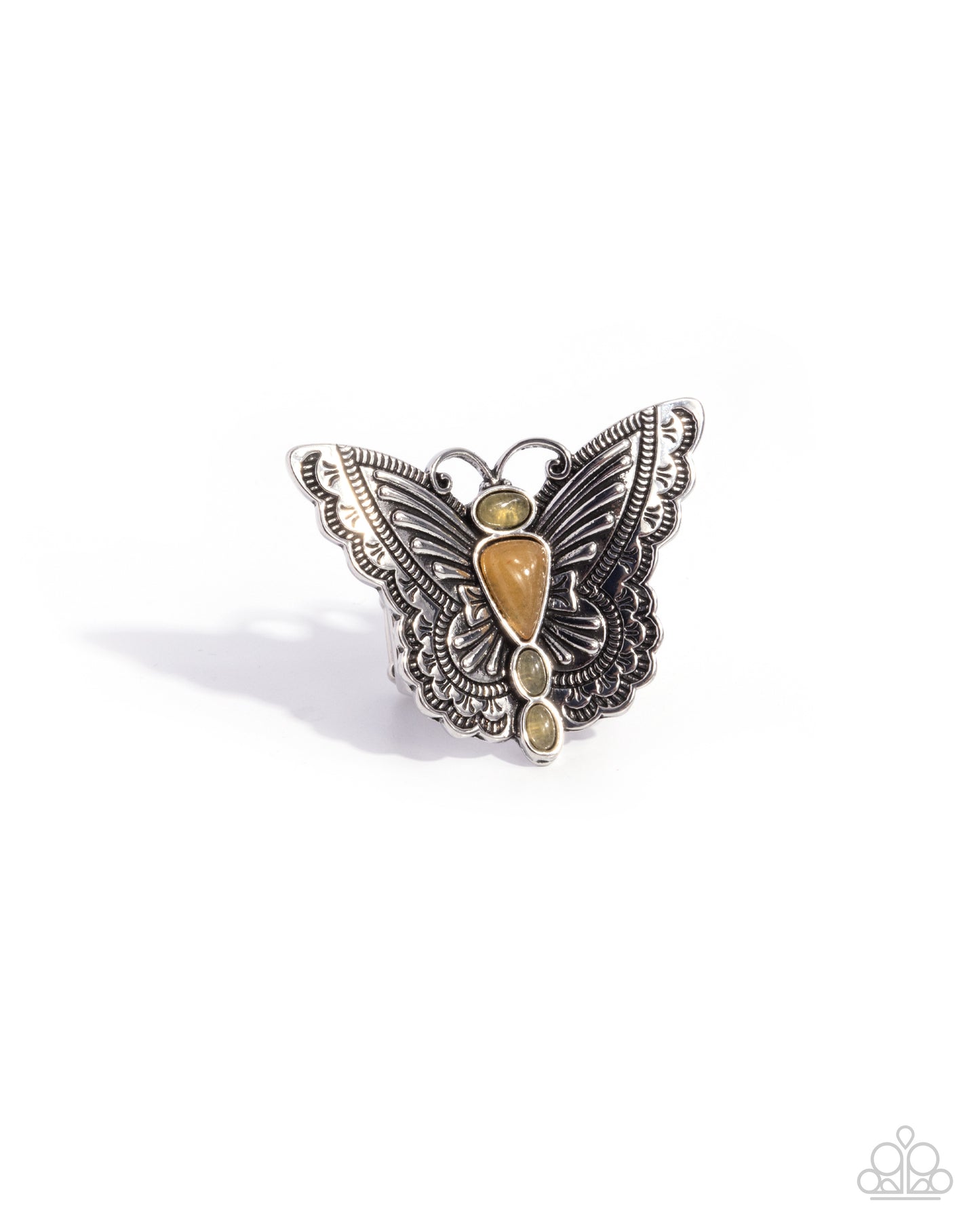 Adolescent Aerial - Orange Stone Silver Butterfly Ring - Paparazzi Accessories