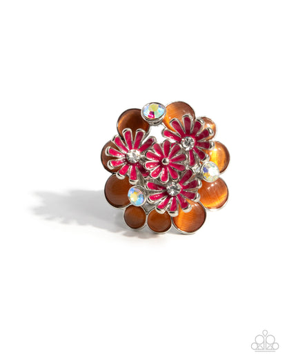 Boisterous Bouquet - Orange Enamel Flowers Silver Ring - Paparazzi Accessories