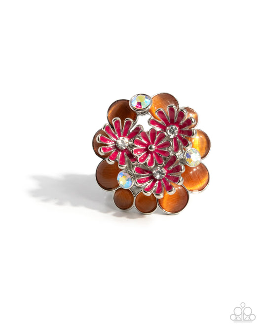 Boisterous Bouquet - Orange Enamel Flowers Silver Ring - Paparazzi Accessories