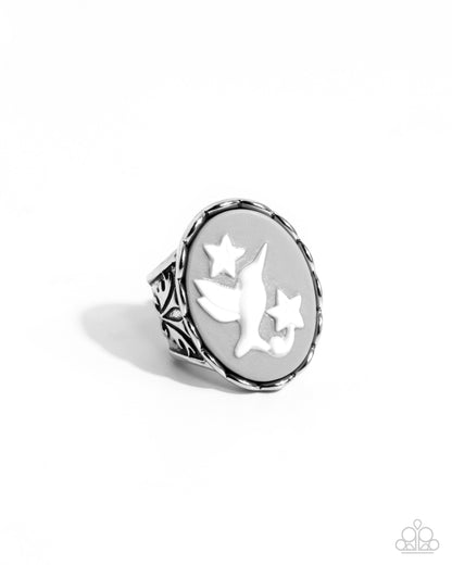 FOWL Language - Silver & White Acrylic Hummingbird Ring - Paparazzi Accessories