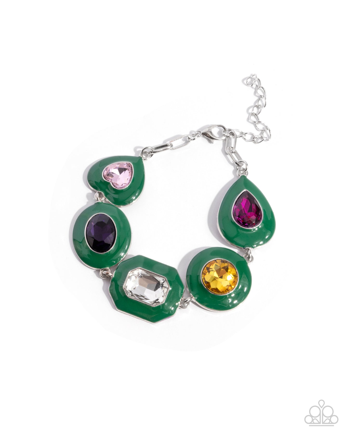 Glazed Guest - Green Enamel Multi Gems Silver Clasp Bracelet - Paparazzi Accessories