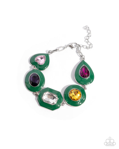 Glazed Guest - Green Enamel Multi Gems Silver Clasp Bracelet - Paparazzi Accessories