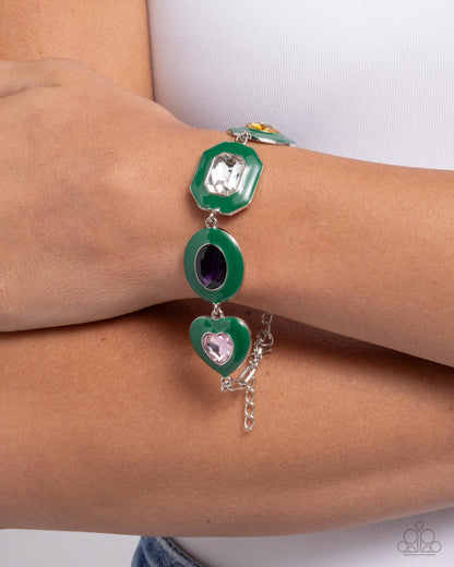 Glazed Guest - Green Enamel Multi Gems Silver Clasp Bracelet - Paparazzi Accessories