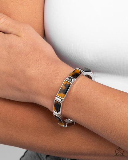 Acrylic Accent - Brown Tortoise Shell Print Silver Stretchy Bracelet - Paparazzi Accessories