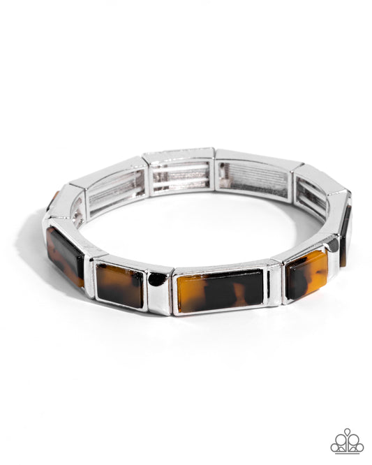 Acrylic Accent - Brown Tortoise Shell Print Silver Stretchy Bracelet - Paparazzi Accessories