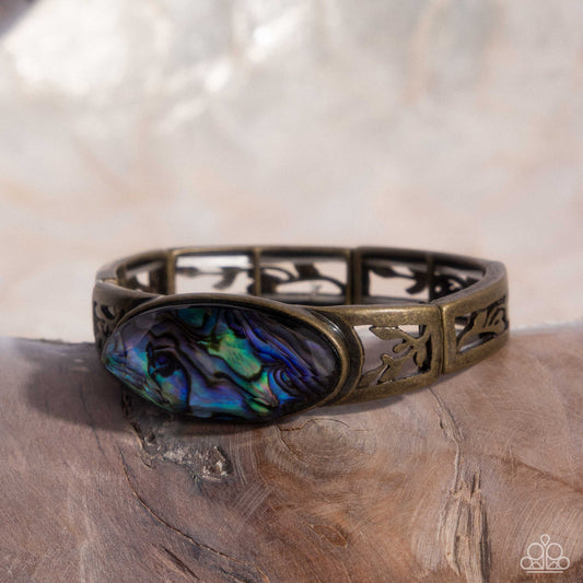 Spliced Santa Fe - Brass & Blue Abalone Shell Stretchy Bracelet - Paparazzi Accessories