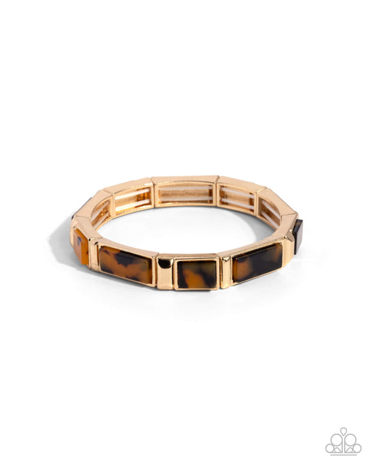 Acrylic Accent - Gold & Brown Tortoise-shell like Stretchy Bracelet - Paparazzi Accessories