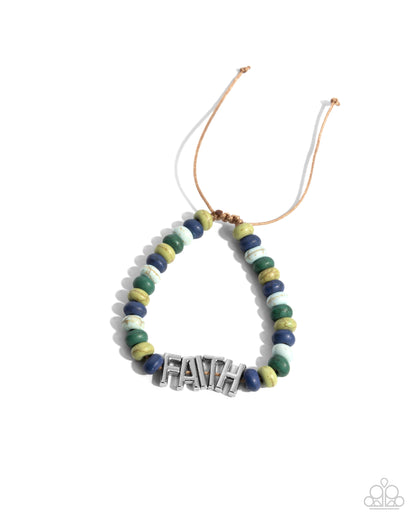 Word of Faith - Green Beads Silver "FAITH" Pull Cord Bracelet - Paparazzi Accessories