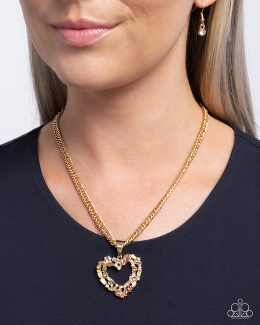 Romance is a Bonus - Gold Heart Iridescent Rhinestone Necklace - Paparazzi Accessories