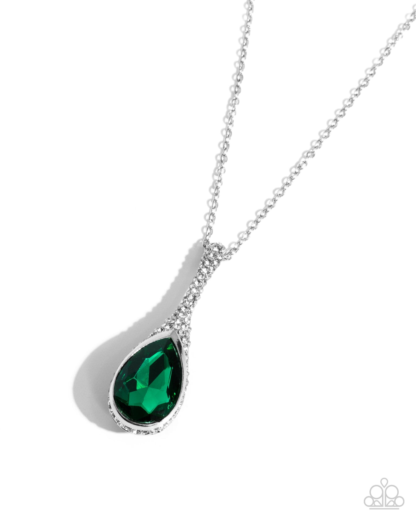 Rosy Revival - Green Teardrop Gem Pendant Silver Necklace - Paparazzi Accessories