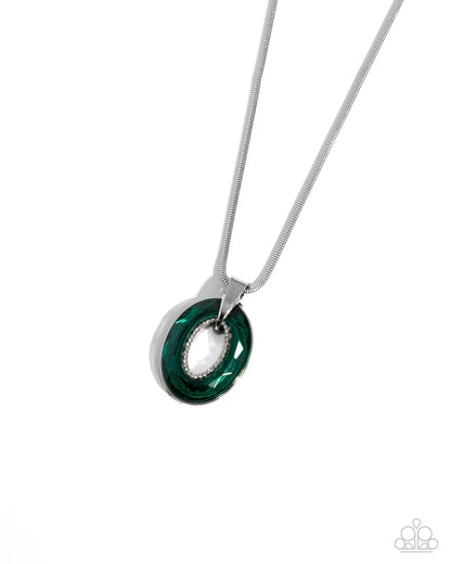 Reflective Rigor - Green Oval Gem Pendant Silver Necklace - Paparazzi Accessories