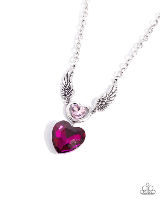 Customer Satisfaction - Pink Rhinestone Hearts Silver Angel Wings Necklace - Paparazzi Accessories
