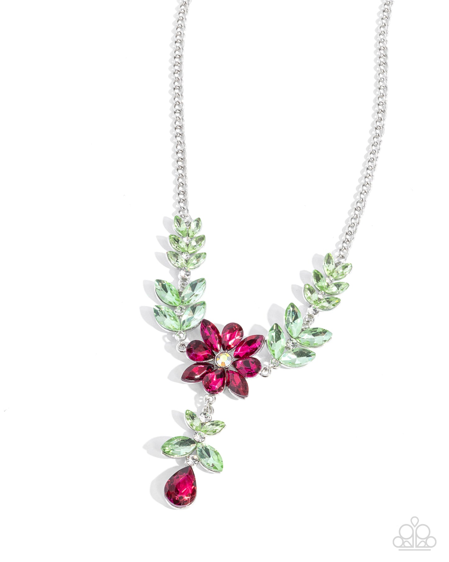 Bouquet Backdrop - Pink Rhinestone Flower Silver Necklace - Paparazzi Accessories