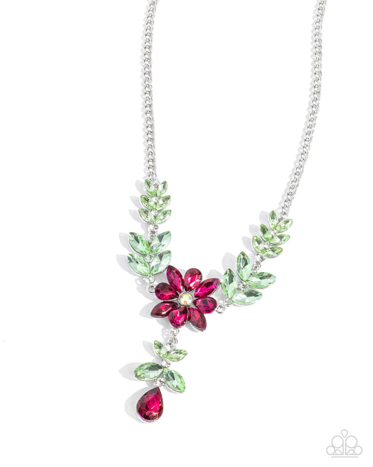 Bouquet Backdrop - Pink Rhinestone Flower Silver Necklace - Paparazzi Accessories