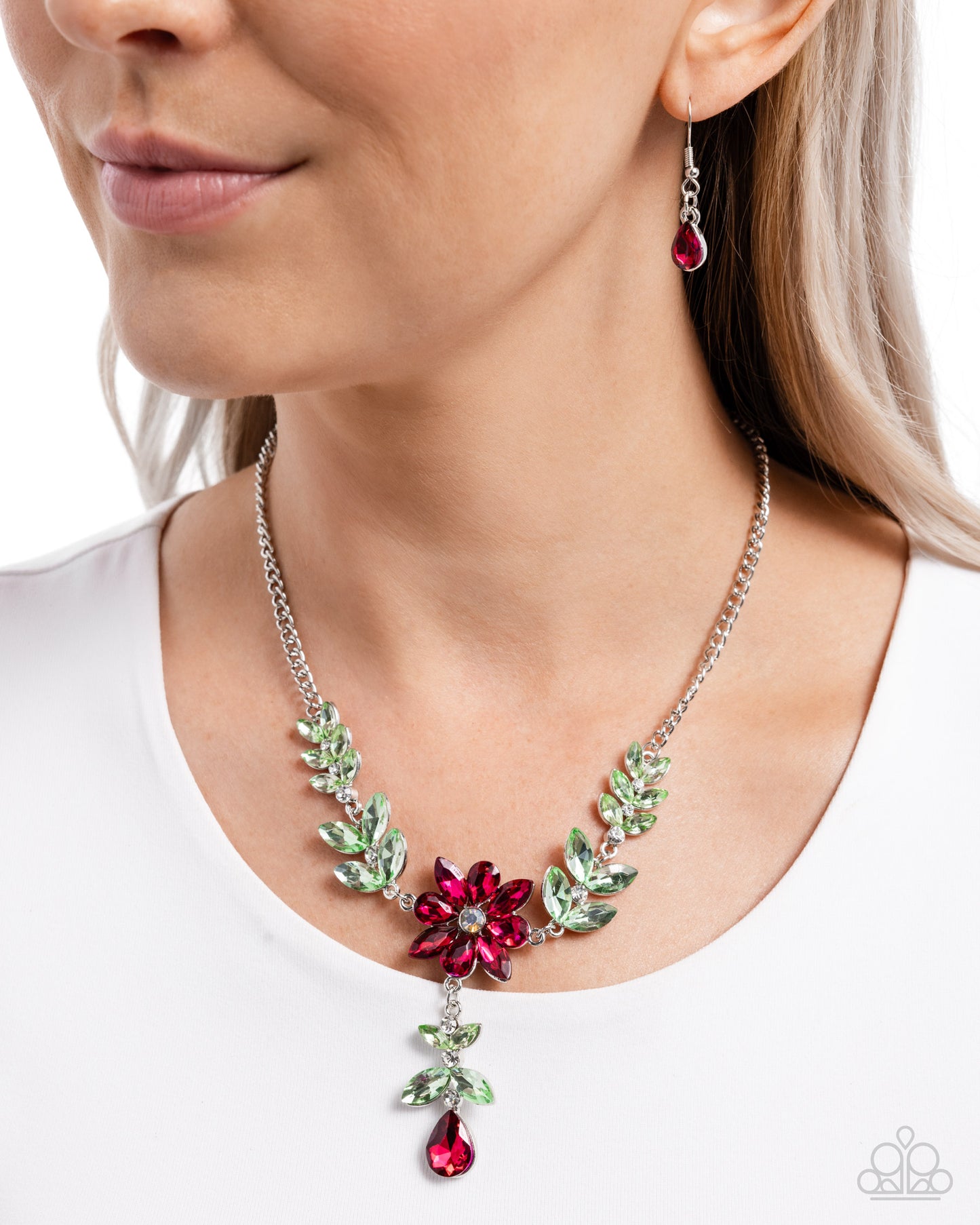 Bouquet Backdrop - Pink Rhinestone Flower Silver Necklace - Paparazzi Accessories