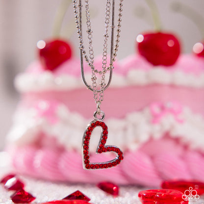 Valentines Day Decadence - Red Rhinestone Heart Silver Necklace - Paparazzi Accessories