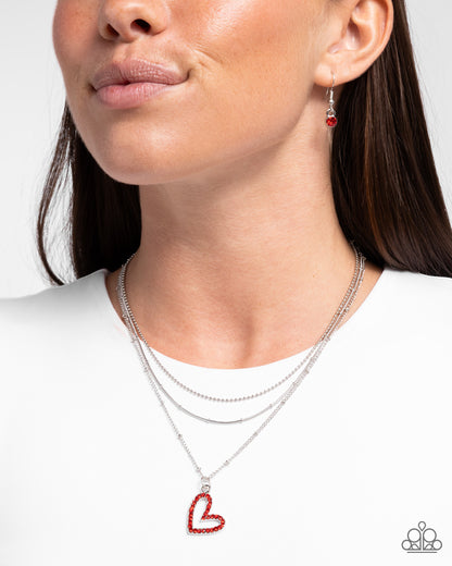 Valentines Day Decadence - Red Rhinestone Heart Silver Necklace - Paparazzi Accessories