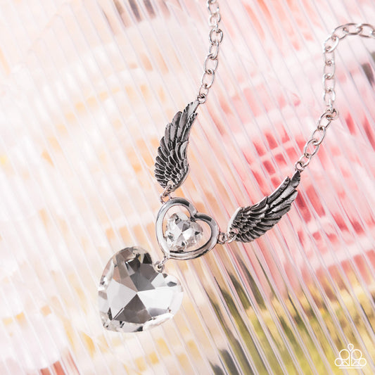 Customer Satisfaction - White Rhinestone Hearts Silver Angel Wings Necklace - Paparazzi Accessories