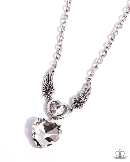 Customer Satisfaction - White Rhinestone Hearts Silver Angel Wings Necklace - Paparazzi Accessories