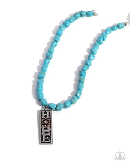 Hopeful Headline - Blue Crackle Stone Silver "HOPE" Pedant Necklace - Paparazzi Accessories