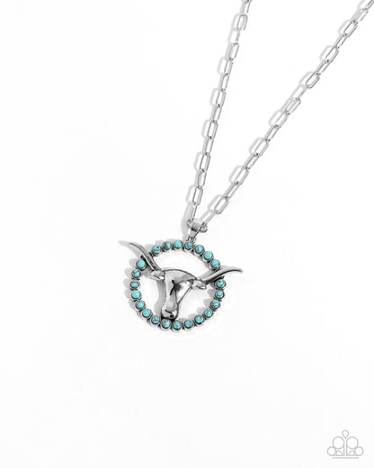 Longhorn Lasso - Blue Crackle Stone Silver Longhorn Skull Necklace - Paparazzi Accessories