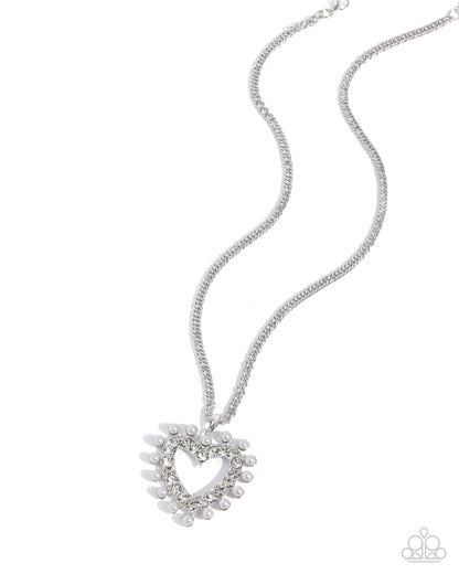Perfectly Prim - White Rhinestone & Pearl Heart Pendant Necklace - Paparazzi Accessories