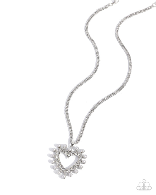 Perfectly Prim - White Rhinestone & Pearl Heart Pendant Necklace - Paparazzi Accessories