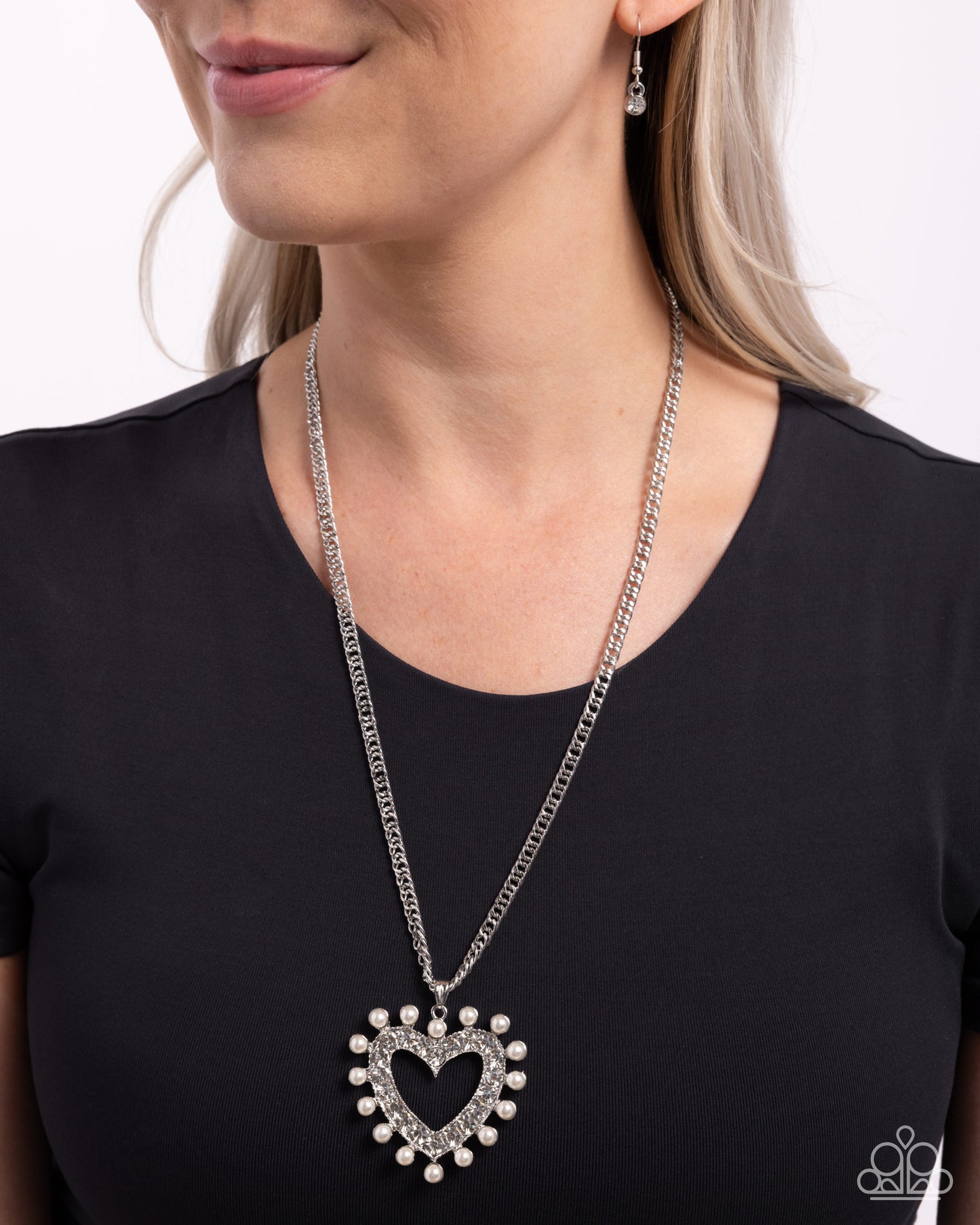 Perfectly Prim - White Rhinestone & Pearl Heart Pendant Necklace - Paparazzi Accessories