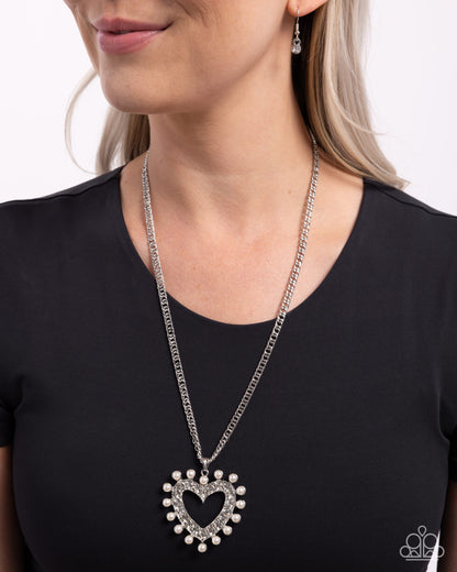 Perfectly Prim - White Rhinestone & Pearl Heart Pendant Necklace - Paparazzi Accessories