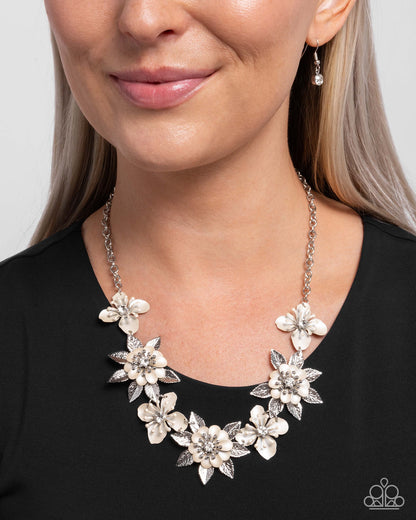 Springtime Song - White Painted Flowers Silver Necklace - Paparazzi Accessories