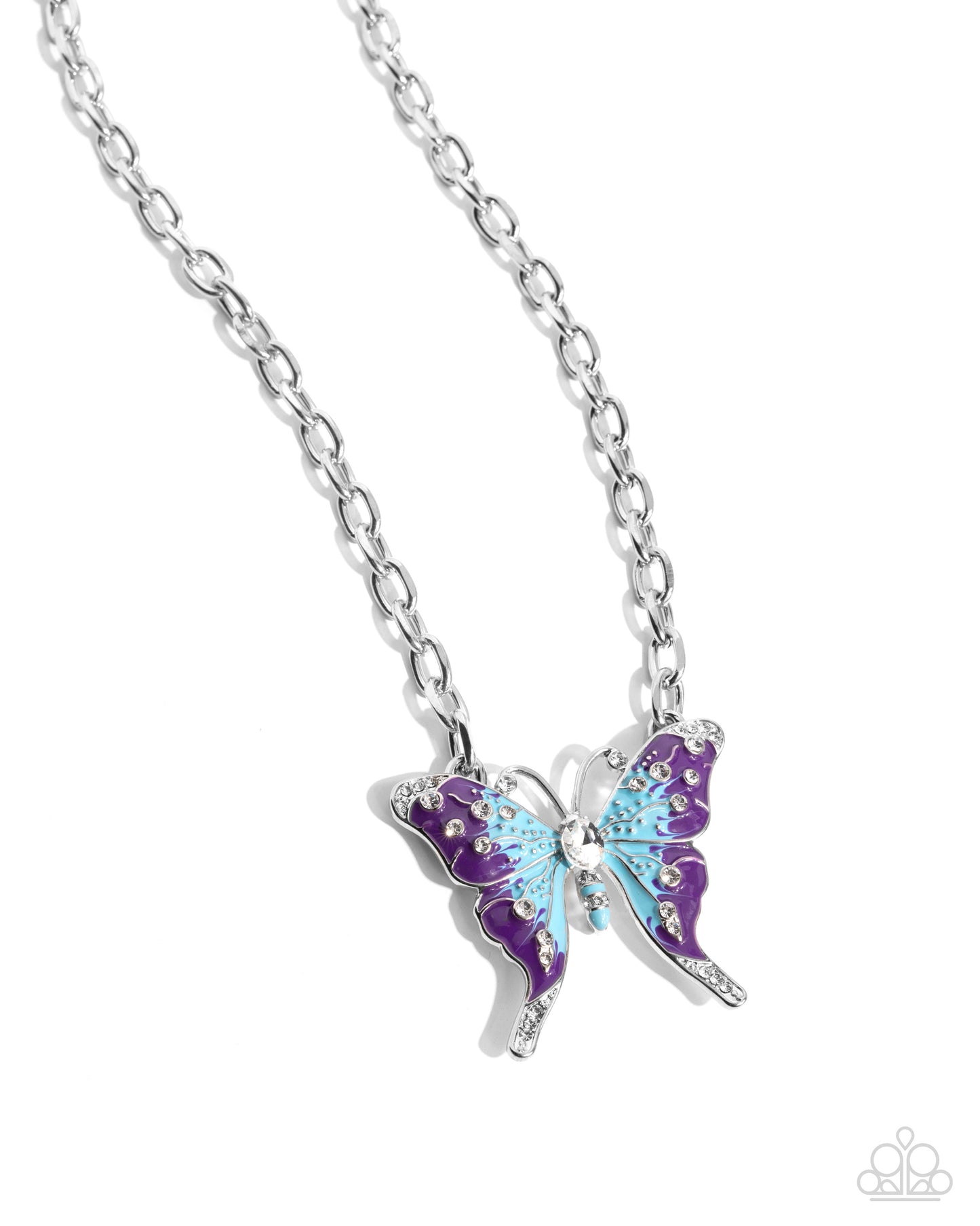 Soft Landing - Multi Blue & Purple Enamel Silver Butterfly Necklace - Paparazzi Accessories