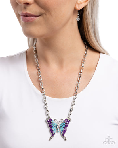 Soft Landing - Multi Blue & Purple Enamel Silver Butterfly Necklace - Paparazzi Accessories