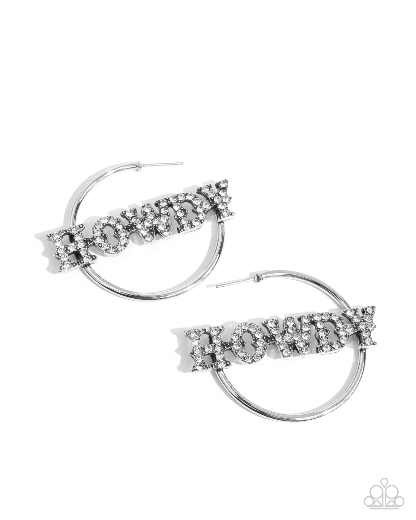 Howdy Hoedown - White Rhinestone "HOWDY" Silver Hoop Earrings - February 2025  Life of the Party Exclusive - Paparazzi Accessories