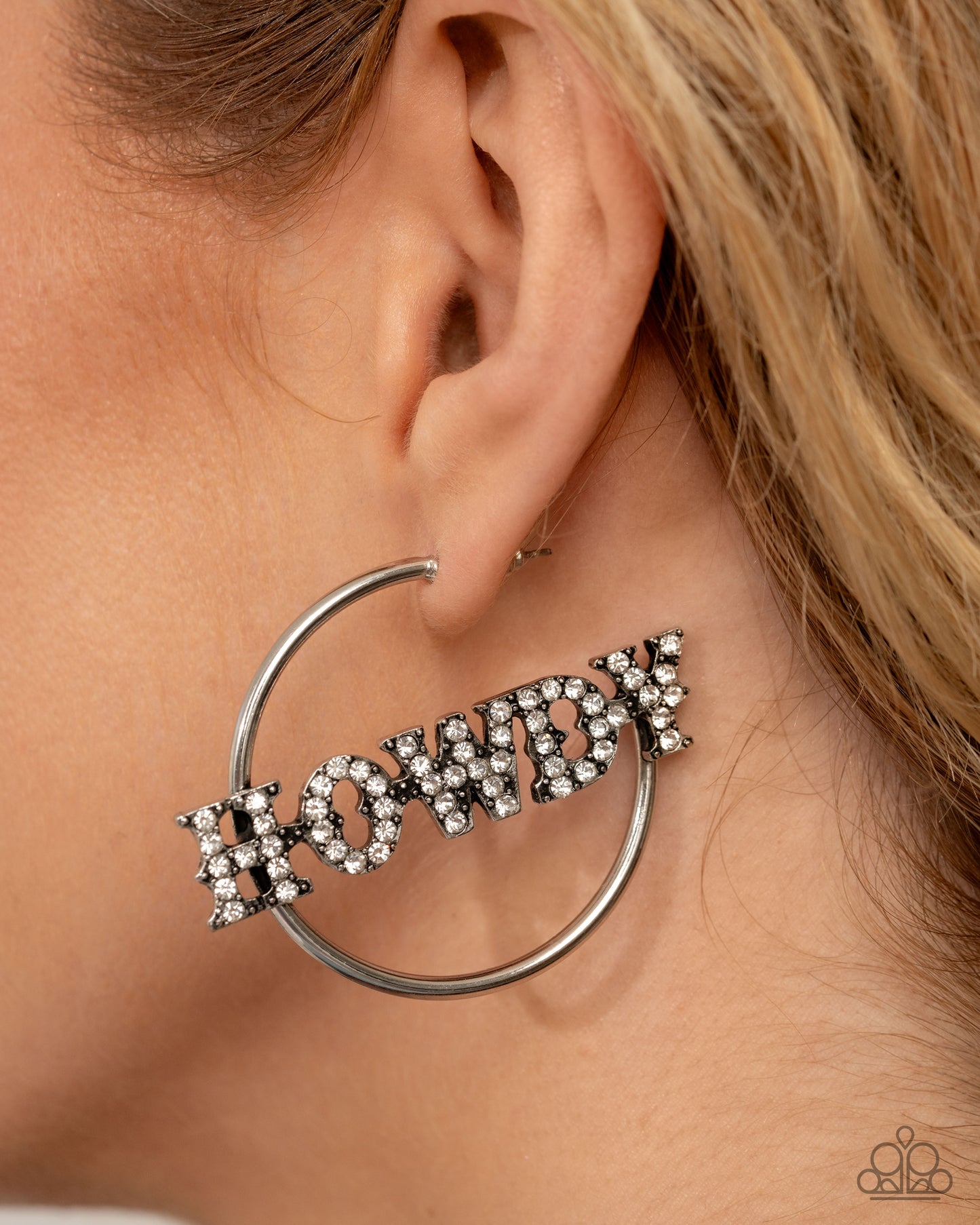 Howdy Hoedown - White Rhinestone "HOWDY" Silver Hoop Earrings - February 2025  Life of the Party Exclusive - Paparazzi Accessories